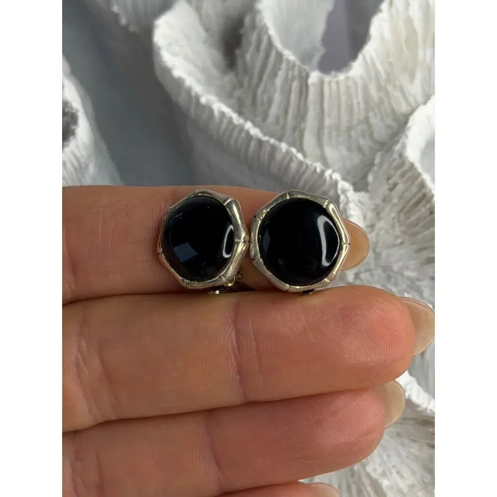 Vintage 925 Sterling Silver Black Onyx Clip-On Earrings